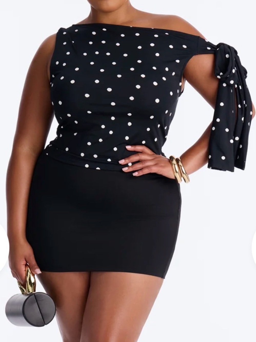 Fashion Nova Black Polka Dot One-Shoulder Tie Top